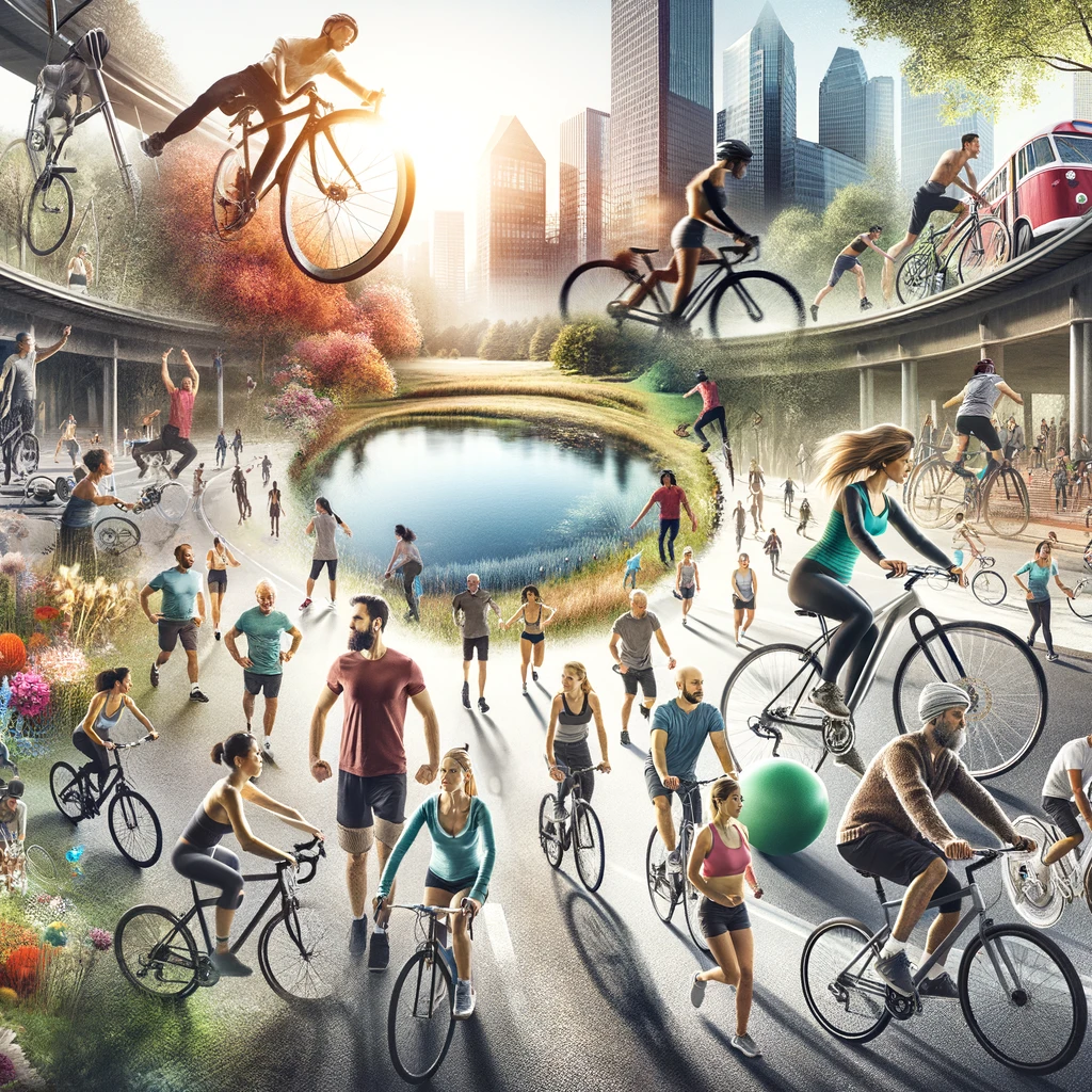 DALL·E 2023 12 11 01.36.38 An inspiring image featuring diverse people of different ages and fitness levels engaging in cycling activities. The scene includes urban and natural
